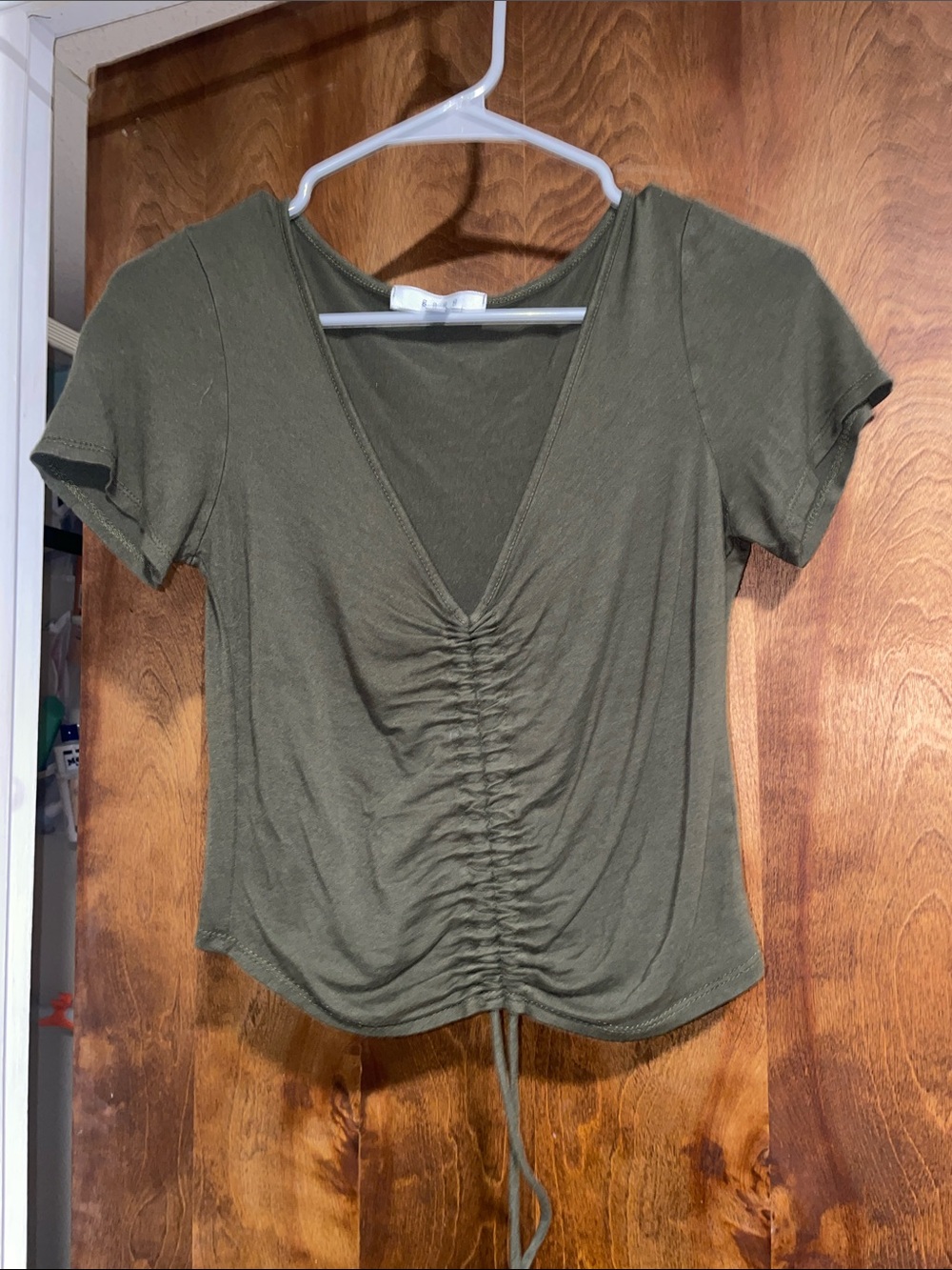 Women's Olive Ruched V-Neck Crop Top